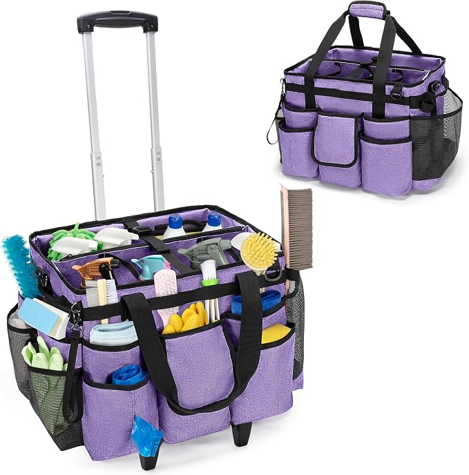 LoDrid Professional Rolling Cleaning Bag with Detachable Trolley, Purple | Portable Cleaning Cart with Shoulder Strap for Housekeepers, Patent Design by LoDridDirect