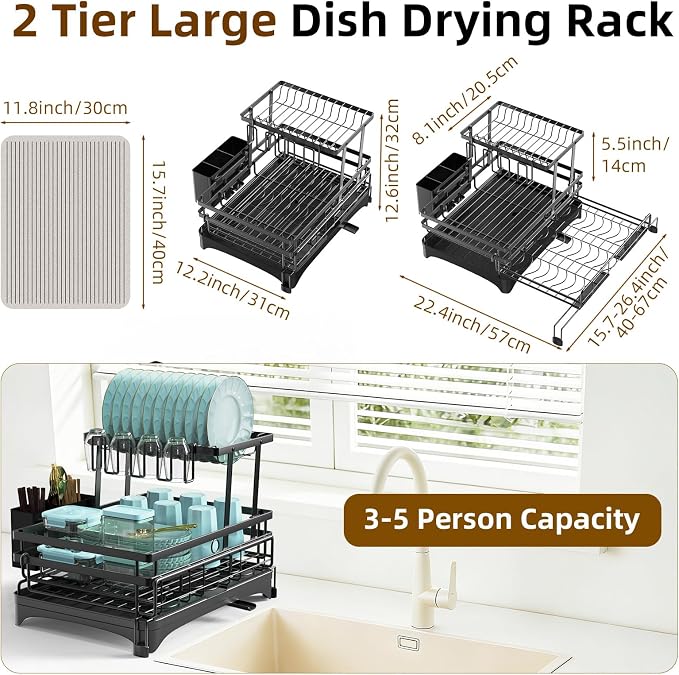 AULEEP 2-Tier Foldable Dish Drying Rack for Kitchen Counter Over the Sink | Expandable Anti-Rust Large Drainers 2-in-1 Pull Out Design with Drying Mat, Cups & Kitchen Utensil Holder - Image 3