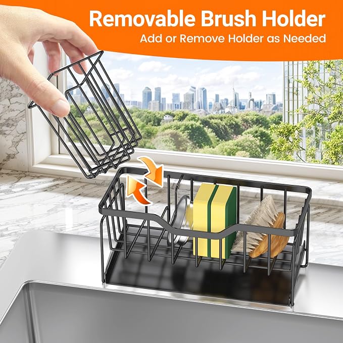 StorageRight Sponge Holder for Kitchen Sink, Stainless Sink Caddy Organizer | Rustproof Kitchen Sink Organizers with High Brush Holder & Self Drain Tray, Anti-Slip Kitchen Countertop Storage Essentials - Image 6