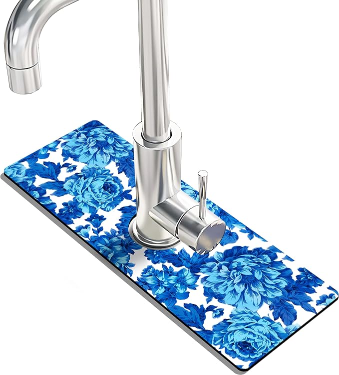 Kitchen Sink Splash Guard Faucet Mat Super Absorbent Fast Drying Mat Sink Gadgets Splash Guard Behind Faucet Drip Catcher for Kitchen (Blue Flowers, 15x5.5in) by THIDEAPE