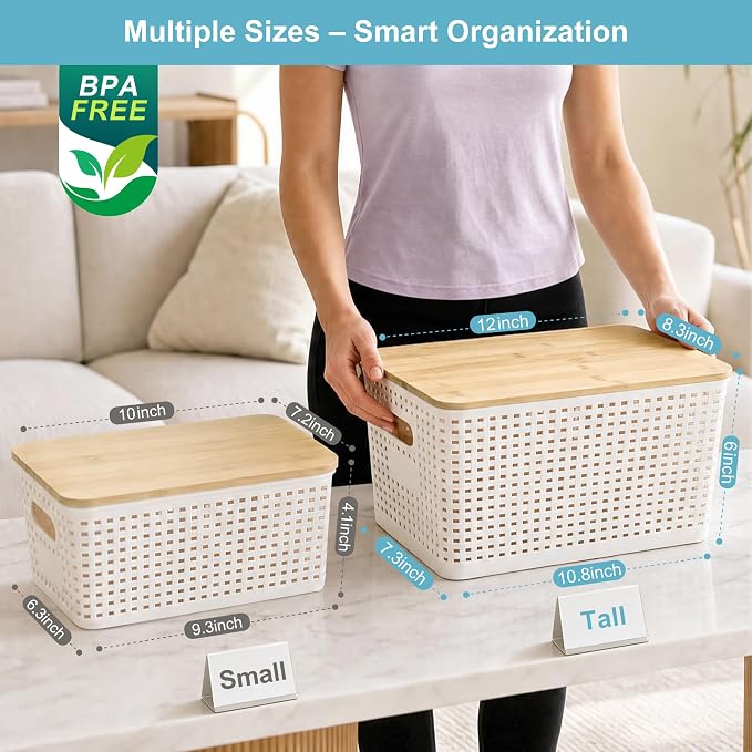 2 Pack Tall Plastic Storage Bins with Bamboo Lids, 10.8qt Stackable Storages Baskets for Organizing Desktop Closet Playroom Classroom Office, 12"L x 8.3"W x 6.1"H, Cream White - Image 9