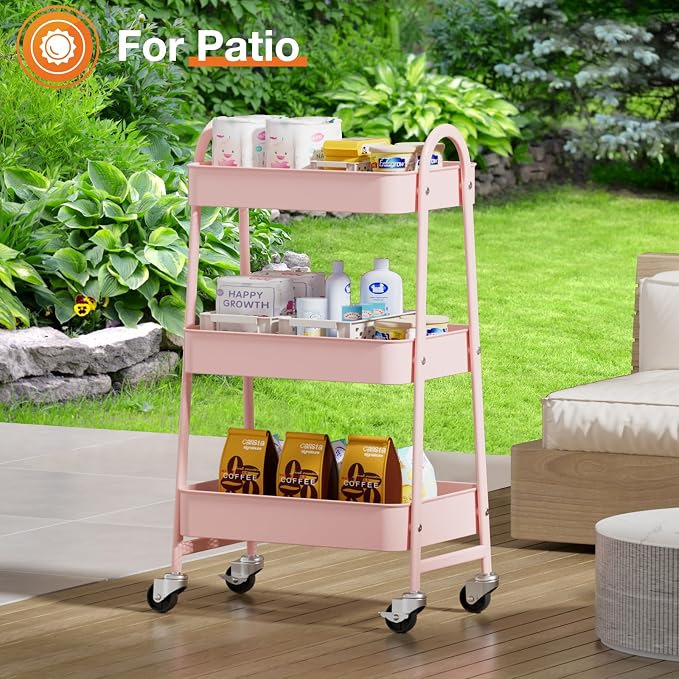 NEWBULIG 3-Shelf Metal Rolling Storage Utility Cart with Lockable Wheels | Mobile Organizer Shelf, Space-Saving, Freestanding, Bathroom, Living Room, Slim, Narrow Corner Spaces, Pink - Image 8