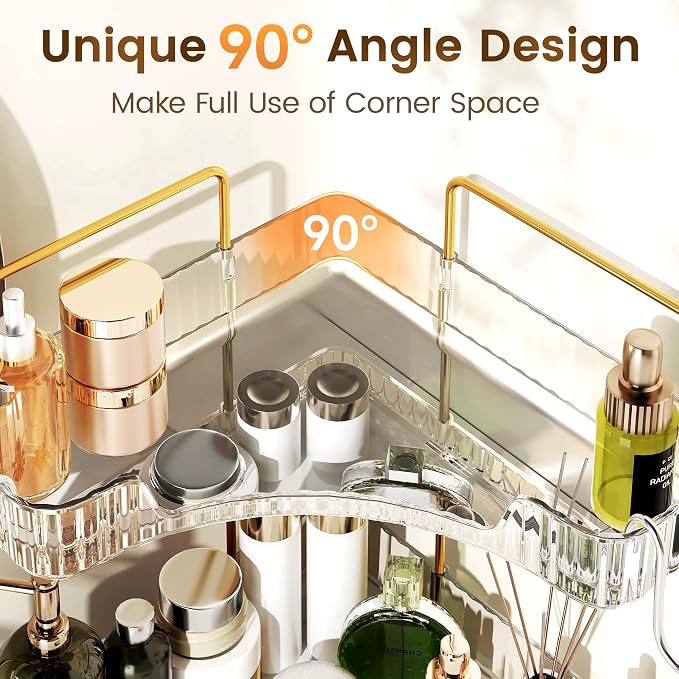 Corner Bathroom Counter Organizer 3-Tier Bathroom Organizer | Storage Countertop with Hooks Perfume Organizers Storage Shelf for Makeup & Skincare Dresser-Clear - Image 3