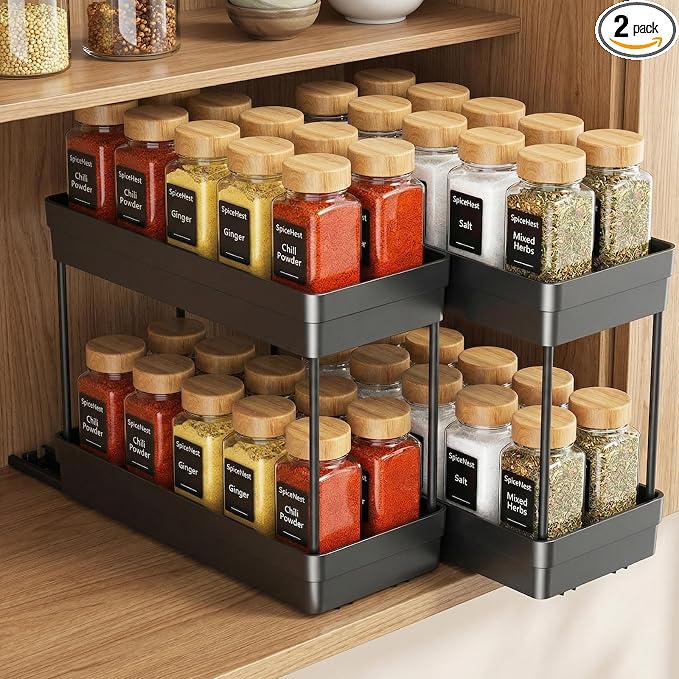 Pull Out Spice Rack,2 Pack 2-Tier Cabinet Organizer, Black | Kitchen Pantry Slide Out Seasoning, Fits Cabinets 12"H x 11"D x 5"W by Unknown