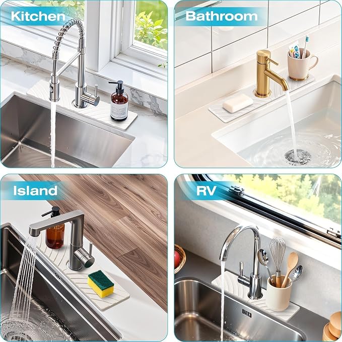SpaceHacks Stone Faucet Mat for Kitchen Sink 15.7x4 in, White | Fast Drying Diatomite Stone Drying Mat, Water Splash Guard, Textured Drainage Sink Protector, Suits Bathroom&Kitchen Counter - Image 6