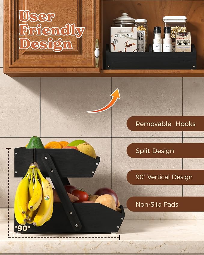 2-Tier Bamboo Fruit Basket with 2 Banana Holders Black | Large tiered organizer for bread, snacks, veggies. Sturdy bamboo, includes mats & dividers. Easy to assemble. - Image 2