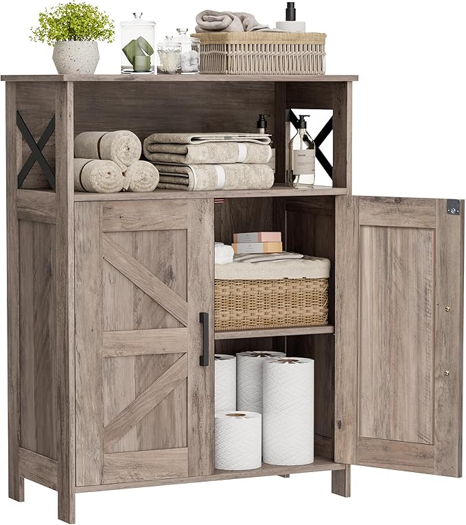 Homhedy Farmhouse Bathroom Storage Cabinet with Doors, Small Floor Cabinet | Toilet Paper Cabinet with Adjustable Shelf, Freestanding Storage Cabinet for Kitchen/Laundry/Living Room, 24"W, Greige by Homhedy