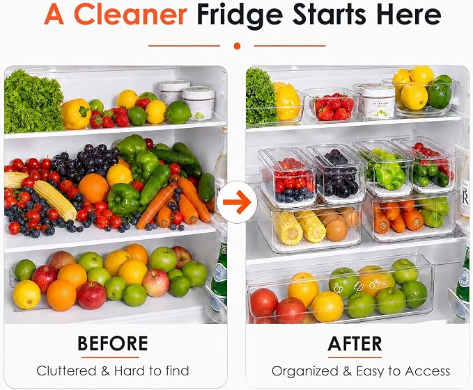 SMRCAD Clear Fridge Bins with Drain Trays - BPA-Free PET, Stackable | 10 Pack: 10 lidded Bins, Helps Keep Produce Fresh, 17.4L Capacity, Hand Wash Only - Image 7