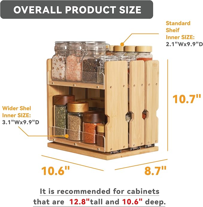 Bamboo Pull Out Spice Rack Organizer for Cabinet, 3 Slide-Out Drawers(2"&3") with Wide Drawer for Large Bottles, Kitchen Pantry Heavy-Duty Sliding Vertical Organization, 8.6"W,2-Tier,Natural - Image 5