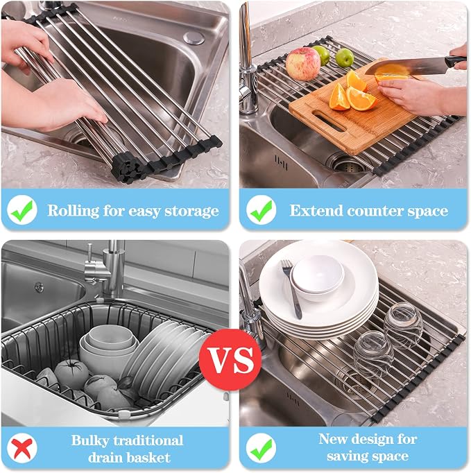 Seropy Roll Up Dish Drying Rack Over the Sink Drying Rack for Kitchen, Folding Dish Rack Over Sink Mat, Stainless Steel Dish Drainer Rack Kitchen Organizer Accessories Black 17"x11.8" - Image 6