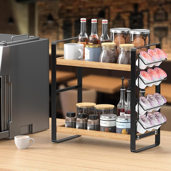 Coffee Station Organizer for Counter,Condiment Storage Caddy for Kitchen,2 Tier Wooden Shelf for Coffee Bar Accessories,Coffee Bar Organizer for Kitchen, Home, Office-Brown - Image 2