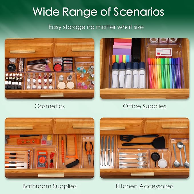 Drawer Organizer Set, Acrylic Non Slip Non Cracking Kitchen Drawer Storage Tray Large Size Divider, Multifunctional Storage for Cosmetics, Bathroom, Tools, Kitchen and Office (8 PACK) - Image 5