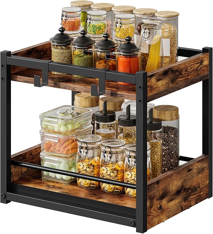 HOOBRO Kitchen Countertop Organizer, Corner Shelf Organizer, 2-Tier Spice Rack with Pull-Out Shelf and Hooks, for Kitchen, Office, Study, Bedroom, Living Room, Rustic Brown and Black BF08TL01 - Image 7