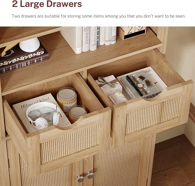 Iwell Tall Storage Cabinet, Rattan Cabinet with 2 Drawers & Adjustable Shelf, Kitchen Pantry Storage Cabient, Entryway Cabinet for Living Room, Dining Room, Home Office, Natural - Image 7