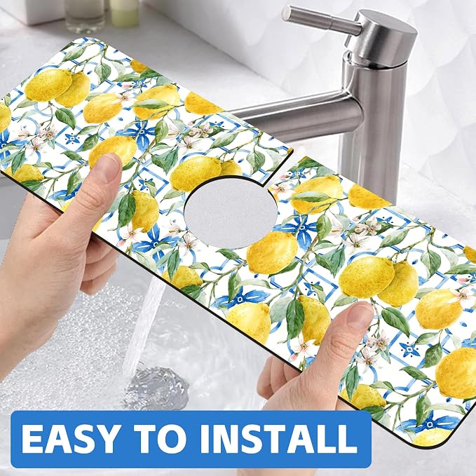 Yellow Lemons and Blue Tiles Sink Faucet Absorbing Mat Splash Guard Behind Faucet Sink Mat Absorbent Fast Drying Faucet Draining Mat for Bathroom Kitchen 5.5"×15" - Image 6