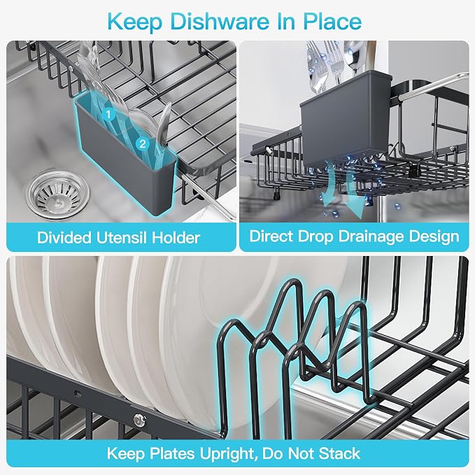 JASIWAY Gray Dish Drying Rack Over the Sink with Utensil Holder | Expandable Stainless Steel Dish Driainers for Small Kitchen, Apartment, Counter Space Saving, Fast Drain, Rust Resistant - Image 9
