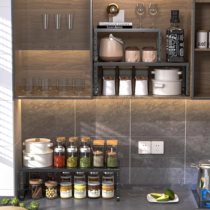 Expandable Adjustable Stackable Kitchen Organizer,Pantry Storage Shelves Racks,for cabinets Shelf, Kitchens, countertops, bathrooms,RV(1Pack/Black,Medium) - Image 7