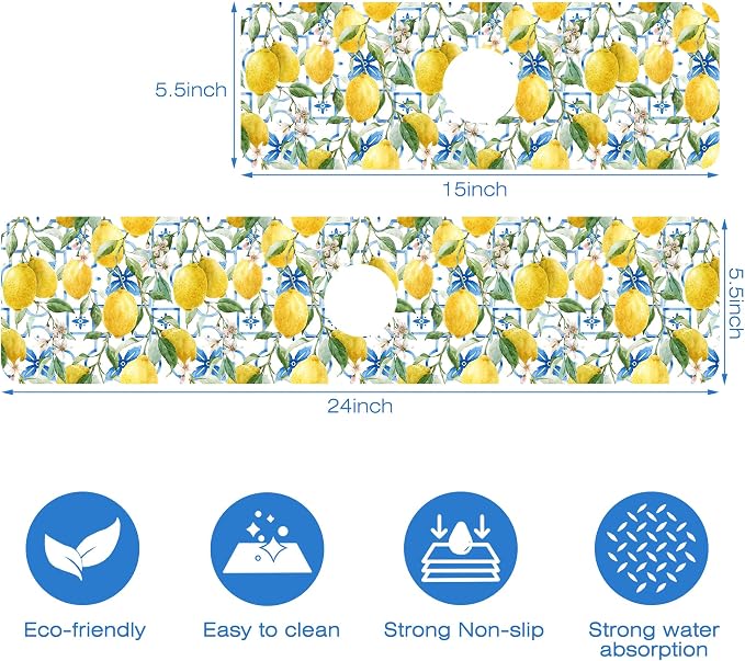 Yellow Lemons and Blue Tiles Sink Faucet Absorbing Mat Splash Guard Behind Faucet Sink Mat Absorbent Fast Drying Faucet Draining Mat for Bathroom Kitchen 5.5"×15" - Image 3