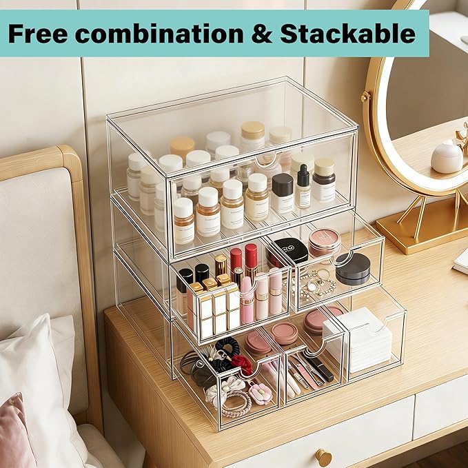 Prsildan Acrylic Storage Drawers Clear Makeup Organizer with 4 Drawers | Transparent, Stackable, For Vanity Bathroom Kitchen Cabinets Office Desk Undersink, Cosmetics Toiletries Home Small Items - Image 5
