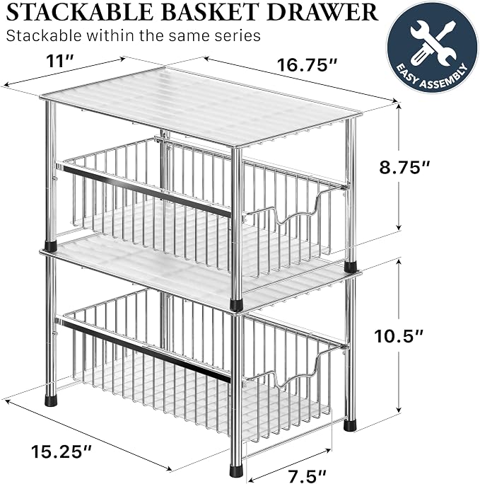 Simple Houseware Chrome Metal Stackable Storage Rack, 16.75 in L x 10.8 in W x 10.25 in H | Free Standing Organizer Drawer, Kitchen/Pantry/Cabinet/Counter - Image 2