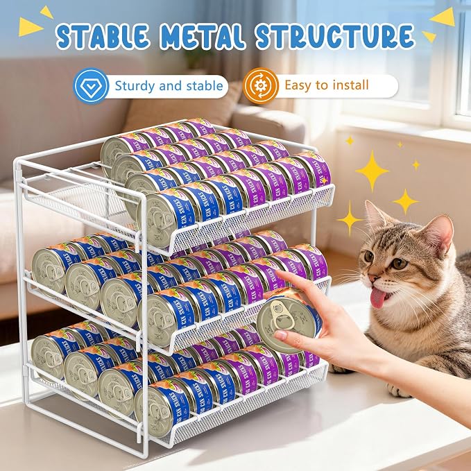 Cat Food Can Organizer 3-Tier Can Organizer for Pantry 84 Cans 3.5oz | White metal 3-tier cat food can organizer,Holds 84 cans 3.5oz,Adjustable pantry countertop storage for kitchen cabinet - Image 2