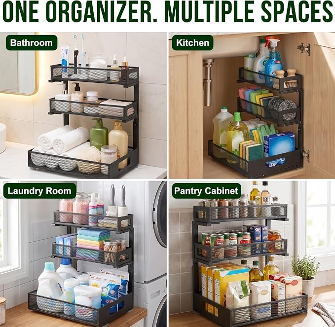 3 Tier Under Sink Organizer,2 Pack Pull Out Cabinet Shelves with Adjustable Height,Heavy Duty Carbon Steel L-Shaped Storage for Kitchen Bathroom Sink,Pantry & Laundry,Black - Image 9