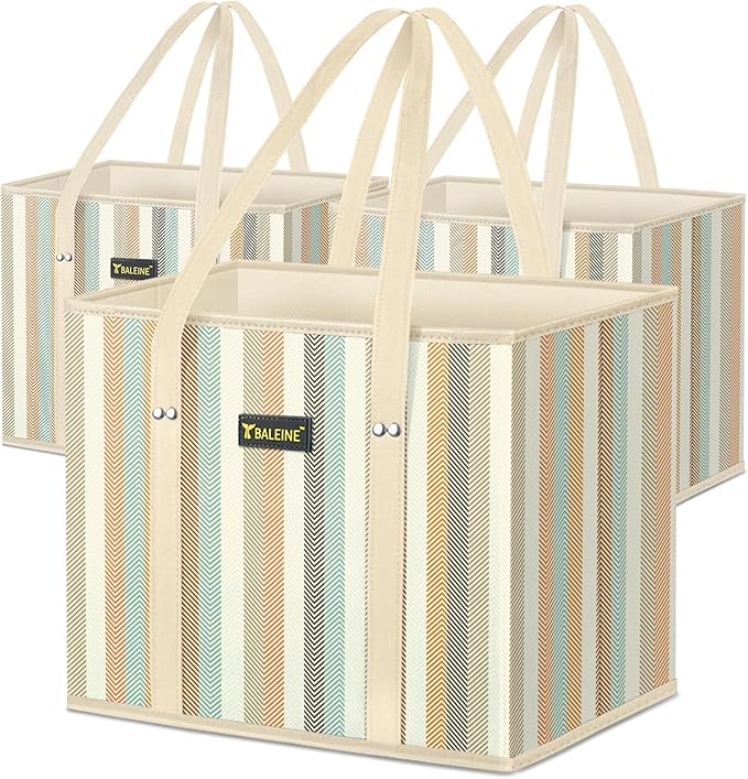 BALEINE 3PK Reusable Grocery Bags, Heavy Duty Shopping Tote Bag | 12'' Long Handles, Reinforced Bottom Keeps Upright, Fold Flat Storage, Water-Resistant Shopping Bag, Multiple Color Options by BALEINE