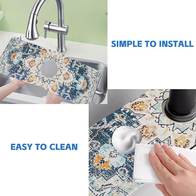 Oriental Blue Turkish Carpet Pattern Sink Faucet Absorbing Mat Sink Splash Guard Faucet Mat Draining Mat Fast Drying Sink Protectors for Kitchen and Bathroom 5.5"×15" - Image 5