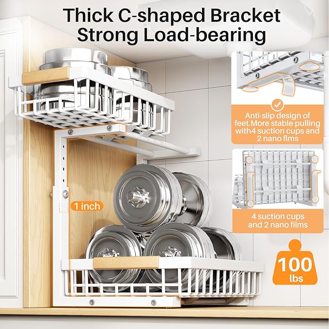 PXRACK Under Sink Organizer, Adjustable Height, 2 Tier Pull Out Under Cabinet Organizer, Slide Out Thickened Metal Under Sink Storage for Kitchen Bathroom Laundry Pantry Cabinet, White, Large-1-Pack - Image 6