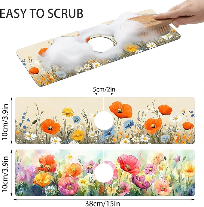 Bimkole 2 PCS Faucet Absorbent Mat, Kitchen Faucet Sink Splash Guard Wraparound Cloth Pads Drip Catcher for Sink Faucet for Kitchen Bathroom Faucet, Colorful Faucet Mat, 15 x 4 Inch Flower A5 - Image 2