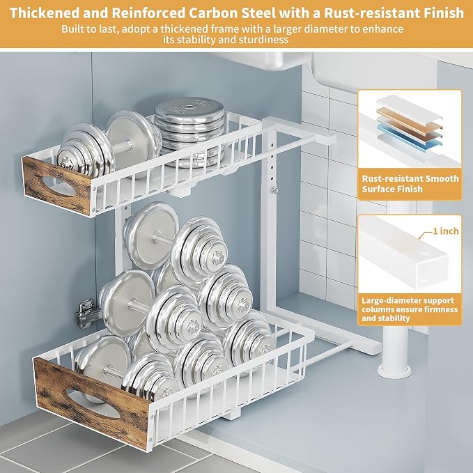 2 Pack Reinforced Metal Under Sink Organizer with Sliding Drawer, L-Shaped Adjustable Height Pull Out Cabinet Organizer with Wooden Handle, Under Bathroom Sink Storage for Kitchen, Pantry, White - Image 3