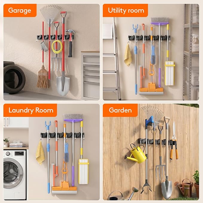 Lifewit Mop and Broom Holder Organzier Wall Mount Non-Slip, 2 Pack, Black | Easy Install One Handed Push Cleaning Tool Hanger with 6 Hooks 5 Slots, Heavy Duty Hanging Utility Rack for Garden, Garage - Image 9
