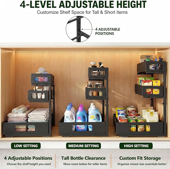 3 Tier Under Sink Organizer,2 Pack Pull Out Cabinet Shelves with Adjustable Height,Heavy Duty Carbon Steel L-Shaped Storage for Kitchen Bathroom Sink,Pantry & Laundry,Black - Image 8