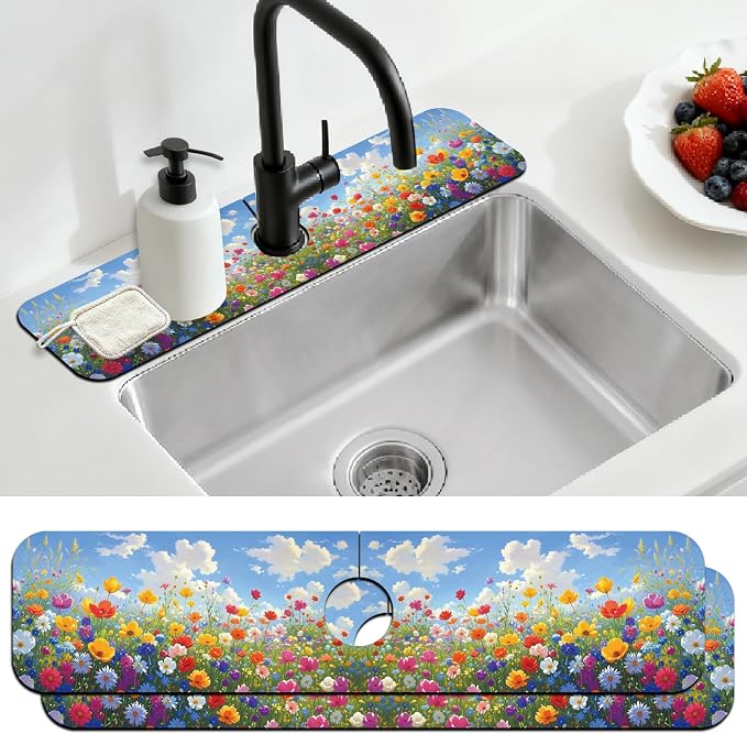 2 Pcs Kitchen Sink Splash Guard Faucet Mat Oil Painting of a Flower Bush Faucet Mat for Sinks Absorbing Drying Mats for Kitchen Bathroom, 23.6x5.5inch by CONCHLERY%E6%97%97%E8%88%B0%E5%BA%97