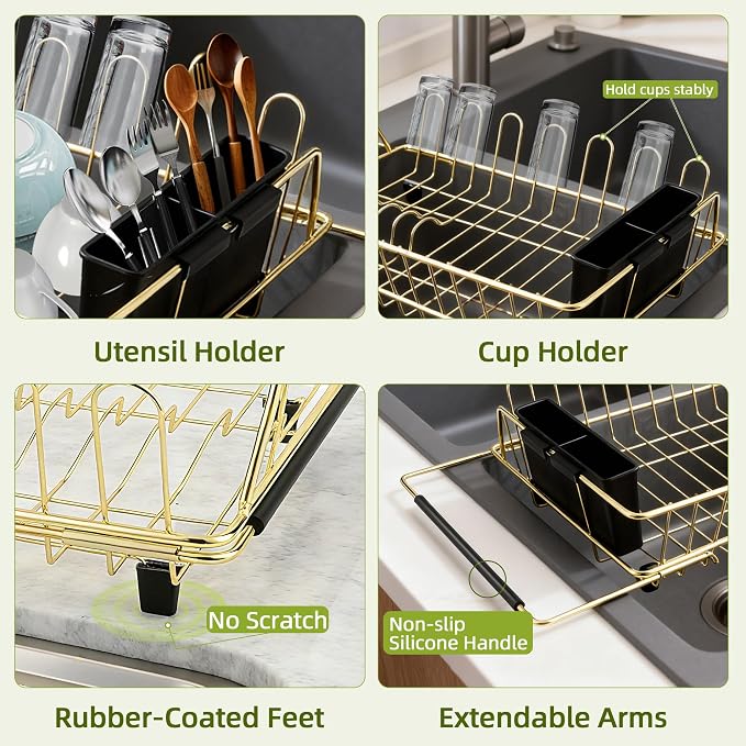 Golden Expandable Dish Drying Rack-Extra Large Stainless Steel Dish Drainer Over The Sink for Kitchen Countertop with Utensil Holder, Applicable for Sink Width 16'-22' (Gold,23.2'*12.2') - Image 6