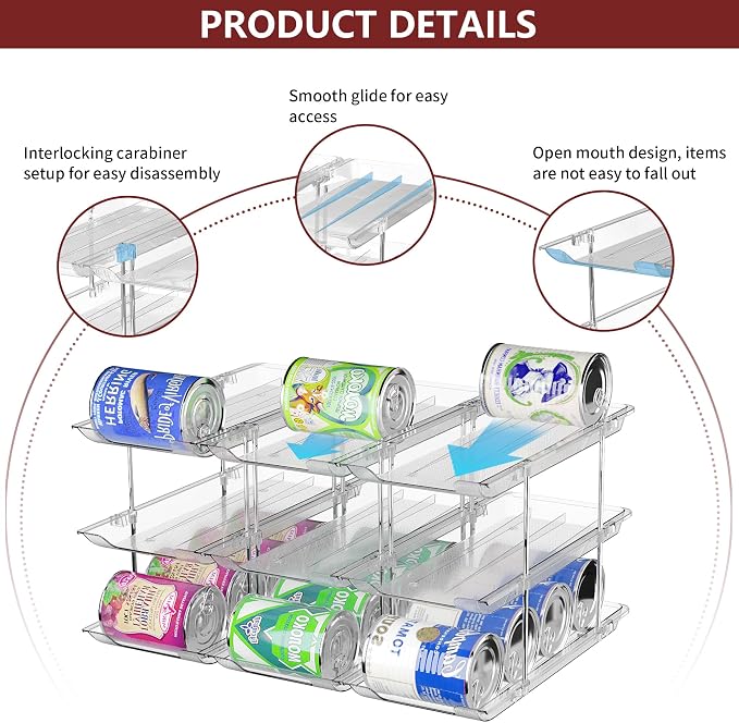 Can Organizer for Pantry, 3 Tier Stackable Rolling Can Storage Rack 2 Pack | Automatic Rolling, Modular Combination, Clear, Holds 72 Cans, Fits Cabinets, Pantry & Fridge, Easy Access, Space Saving - Image 2