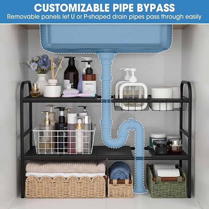 Expandable 2 Tier Under Sink Organizer, Black, 28.74-34.5 Inch Width | For Kitchen and Bathroom, 2 Storage Baskets, 6 Removable Panels, Adjustable Height Metal Shelf, Fits Pipes - Image 4