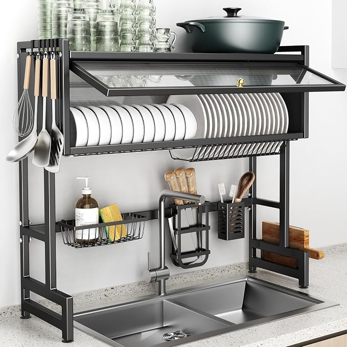 Over The Sink Dish Drainer Drying Rack 3 Tiers with Cover, Keep Kitchen Sink Shlef Organized Space-Saving Dish Drying Rack, Large Stainless Steel Sink Drying Rack for Dishes, Bowls, Cutlery (33.4"W) by CUISIBOT