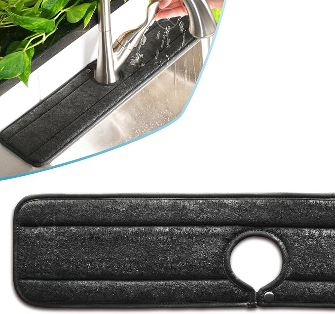 Ternal Original SINKMAT 24in XL Faucet Splash Guard Extra Long Microfiber Sink Drip Catcher Mat Non Slip Countertop Protector Drying Pad for Kitchen Bathroom RV Machine Washable Black by TernalProducts