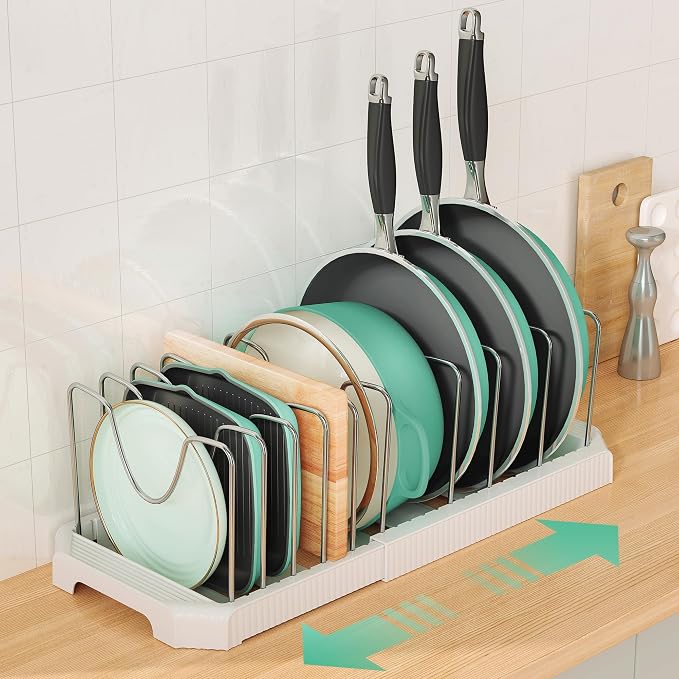Expandable Pan Organizers Inside Cabinet with 10 Dividers White | Extends 12.9-21.9", Holds cookie sheets, cutting boards, pot lids and pans, iron dividers, plastic base, under cabinet rack - Image 2