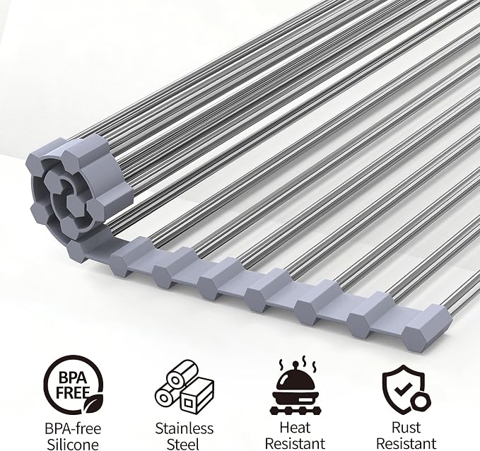 Roll Up Dish Drying Rack for Sink, Over Sink Dish Rack 17 x 15.7 Inch, Silicone Stainless Steel Dish Drainer for Kitchen Counter, BPA Free Utensil Drying Rack, Gray - Image 5
