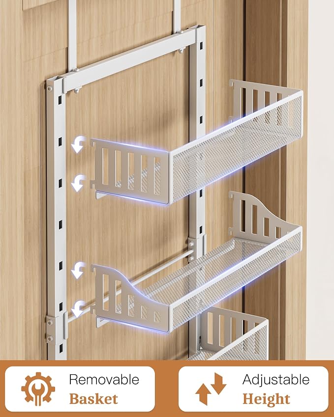 POKIPO Over the Door Pantry Organizer 8-Tier, Large Metal Door Spice Rack with Adjustable Basket, 2 in 1 Wall Mount or Hanging Heavy-Duty Pantry Door Storage Shelf for Kitchen and Bathroom, White - Image 5