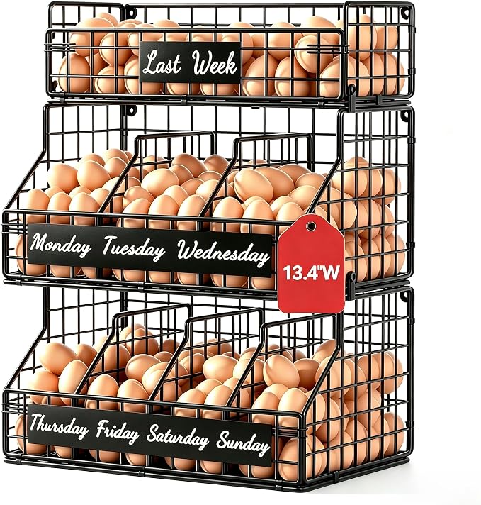 Egg Holder Countertop, 3 Tier Chicken Egg Basket for Gathering Fresh Eggs | Egg Storage Organizer with Adjustable 5 Dividers & Label, Stackable Wall Mounted Egg Collecting Basket Rack, Black by FURMORENE