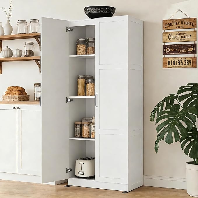 DUMOS Tall Storage Cabinet with Doors and Shelves, Kitchen Pantry Cabinet | 71'' Wood Storage Freestanding Wooden Cabinets for Bedroom, Pantry, Home Office, Dining Room & Living Room, White - Image 2