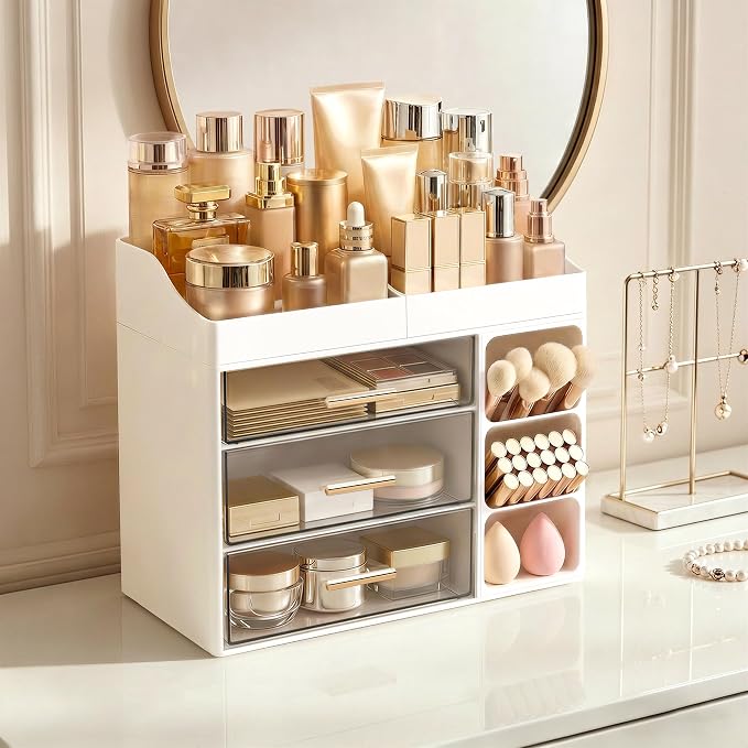 HBlife Makeup Organizer Countertop with Brush Holder, Large Bathroom Counter Organizer with Drawers, Skincare Organizers for Vanity, Plastic Dresser Organizer Storage Gift for Women Girl Mom, White - Image 5