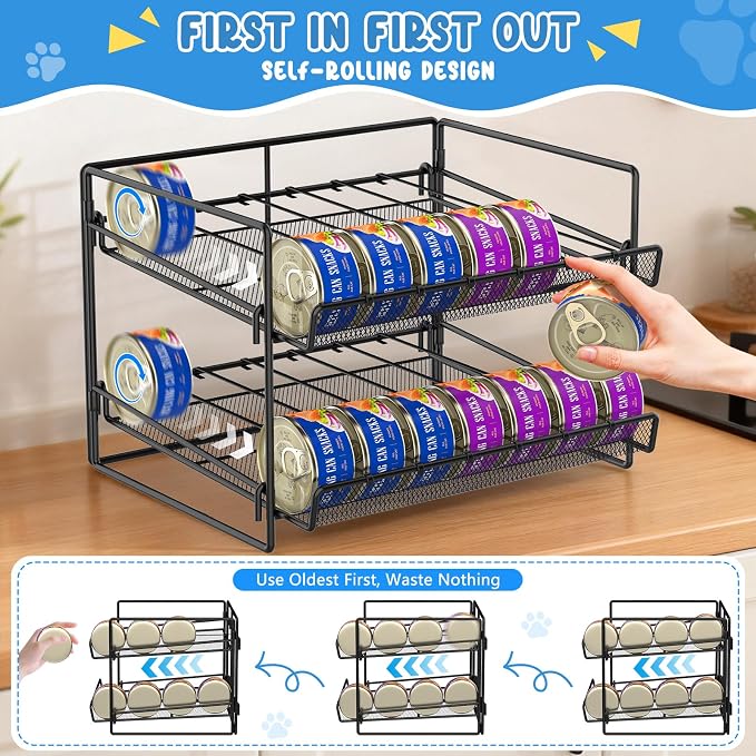 Cat Food Can Organizer 2-Tier Can Organizer for Pantry 56 Cans 3.5oz | Black metal 2-tier cat food can organizer,Holds 56 cans 3.5oz,Adjustable pantry countertop storage for kitchen cabinet - Image 3