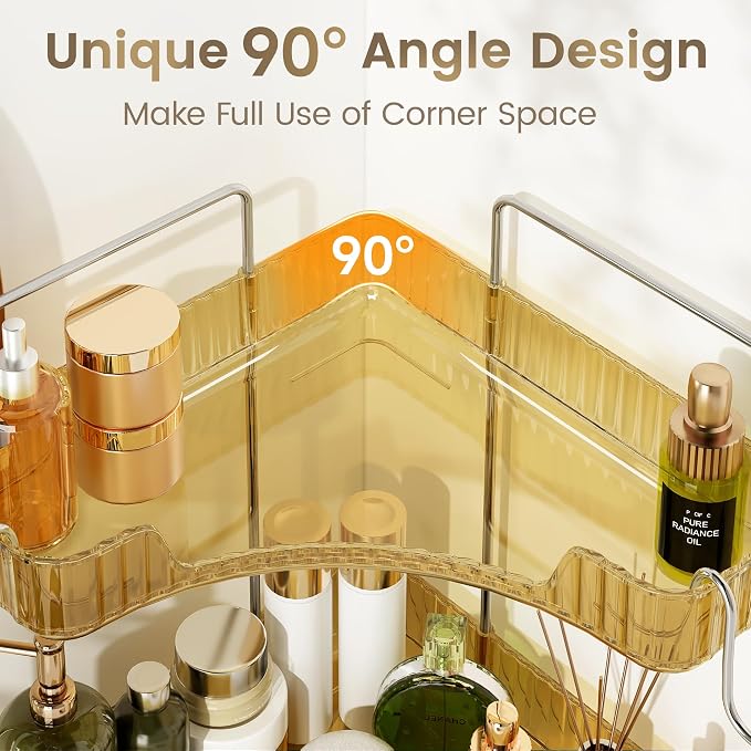 Corner Counter Organizer, 2 Tier Bathroom & Kitchen Storage Tray | PET Vanity Organizer Storage Countertop with Hooks for Skincare, Makeup & Jewelry, Gold - Image 3