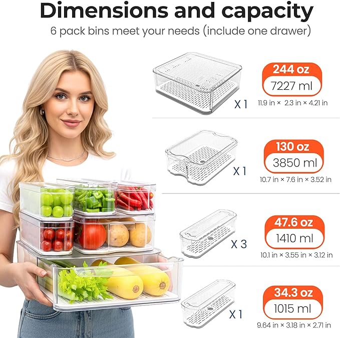 SMRCAD Clear Fridge Bins with Drain Trays - BPA-Free PET, Stackable(6 Pack) | 6 Pack: 1 Drawer + 5 lidded Bins, Helps Keep Produce Fresh, 16.3L Capacity, Hand Wash Only - Image 6