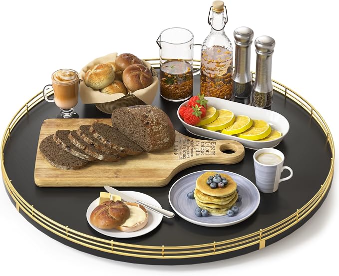 Oroyutor 18" Oak Wooden Lazy Susan Turntable for Dining Table, Large Round Lazy Susans Organizer for Kitchen Countertop, Tabletop 360°Rotating Tray for Spice Organization Gold Black Home Decor by Oroyutor