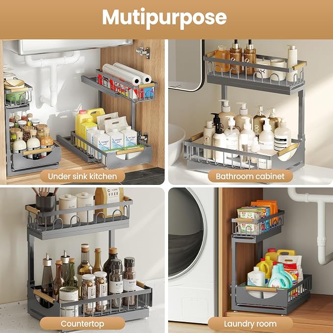 Under Sink Organizer and Storage for Bathroom and Kitchen - 2 Pack 2 Tier | Cabinet Pull Out Shelf Organizers - Slide Out Drawer Organization for Home Cabinets Shelves and Drawers - Image 7
